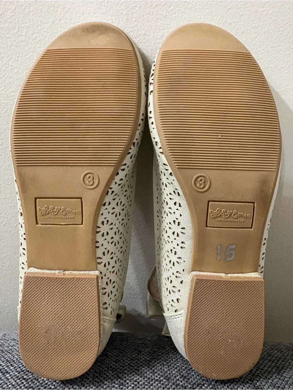 Self Esteem Cream Laser-Cut Ankle Strap Flats for Girls